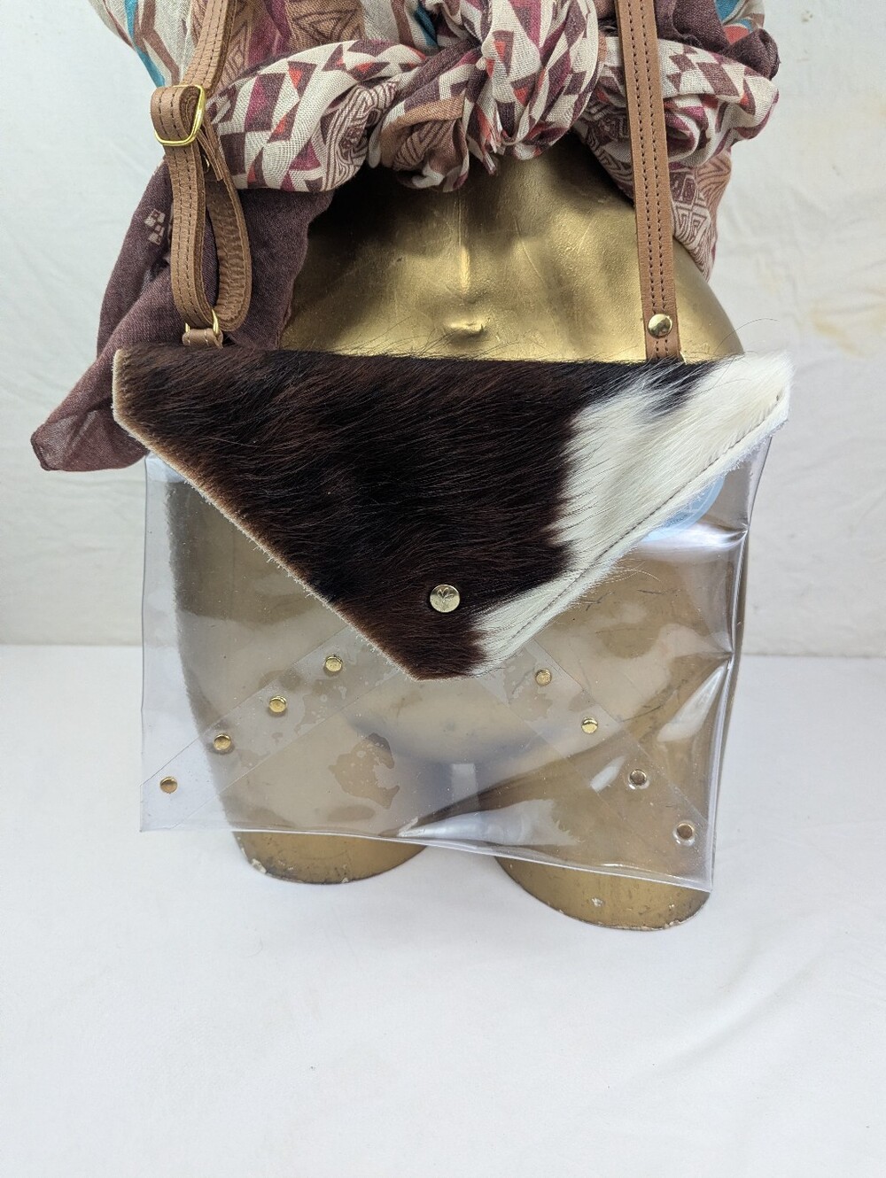 Beaudin Clear Vinyl Crossbody with Hair On Cowhide Brown & White Flap